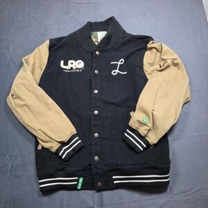 LRG Lifted Research Group Varsity Jacket 2XL Black Tan Streetwear Embroidered